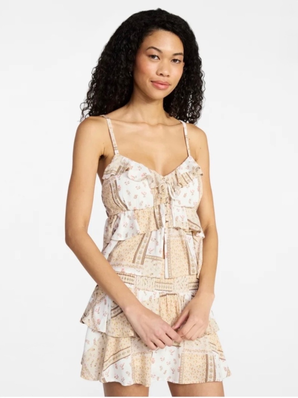 No Boundaries Ruffle Babydoll Cami and Flare Matching Skort Set Tan White Small